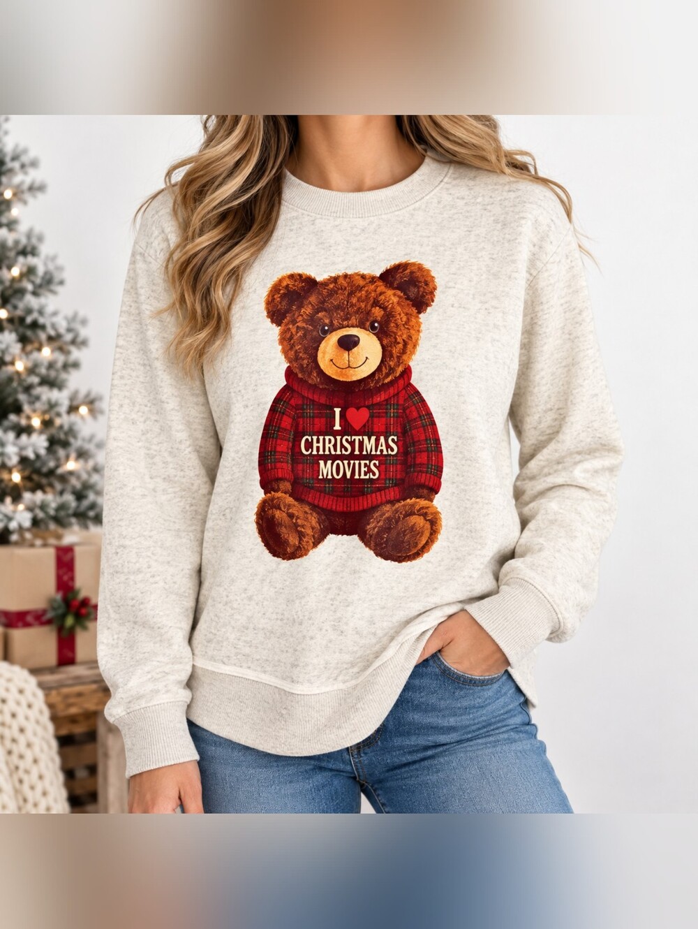 Live and Tell Christmas Teddy Bear Sweatshirt Small I Love Christmas Movies Cozy